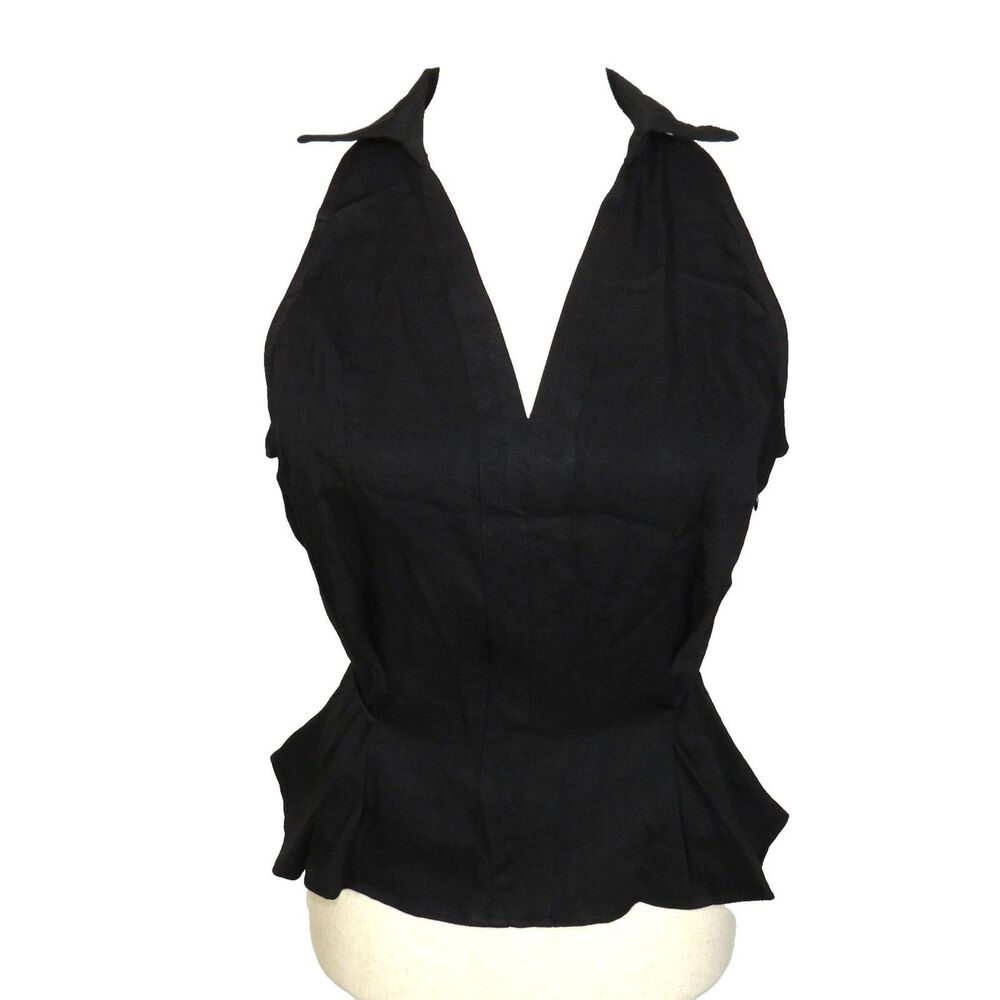 OGL Black Linen Blend Collared V Neck Sleeveless Tie Waist Top Size Small - Picture 5 of 12